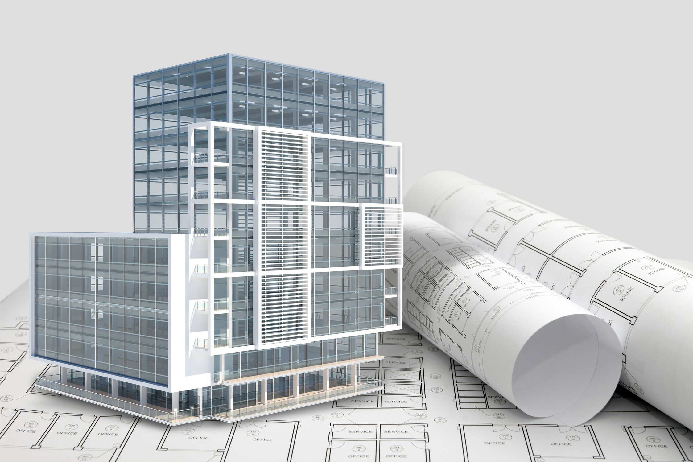 Construction architecture blueprint with office building exterior and 3D model