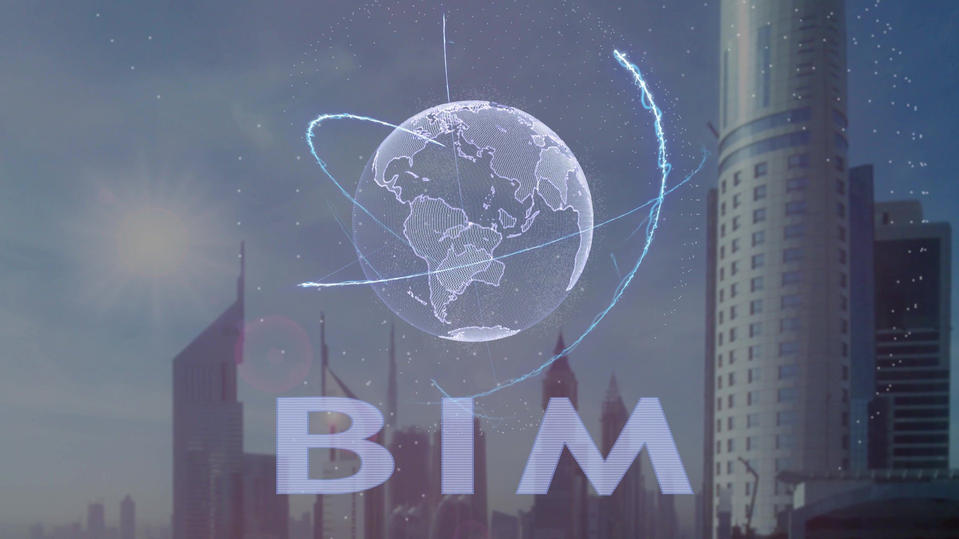 BIM text with 3d hologram of the planet Earth against the backdrop of the modern metropolis